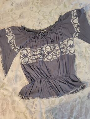 Cecico Lavender Blue Embroidered Peasant Blouse